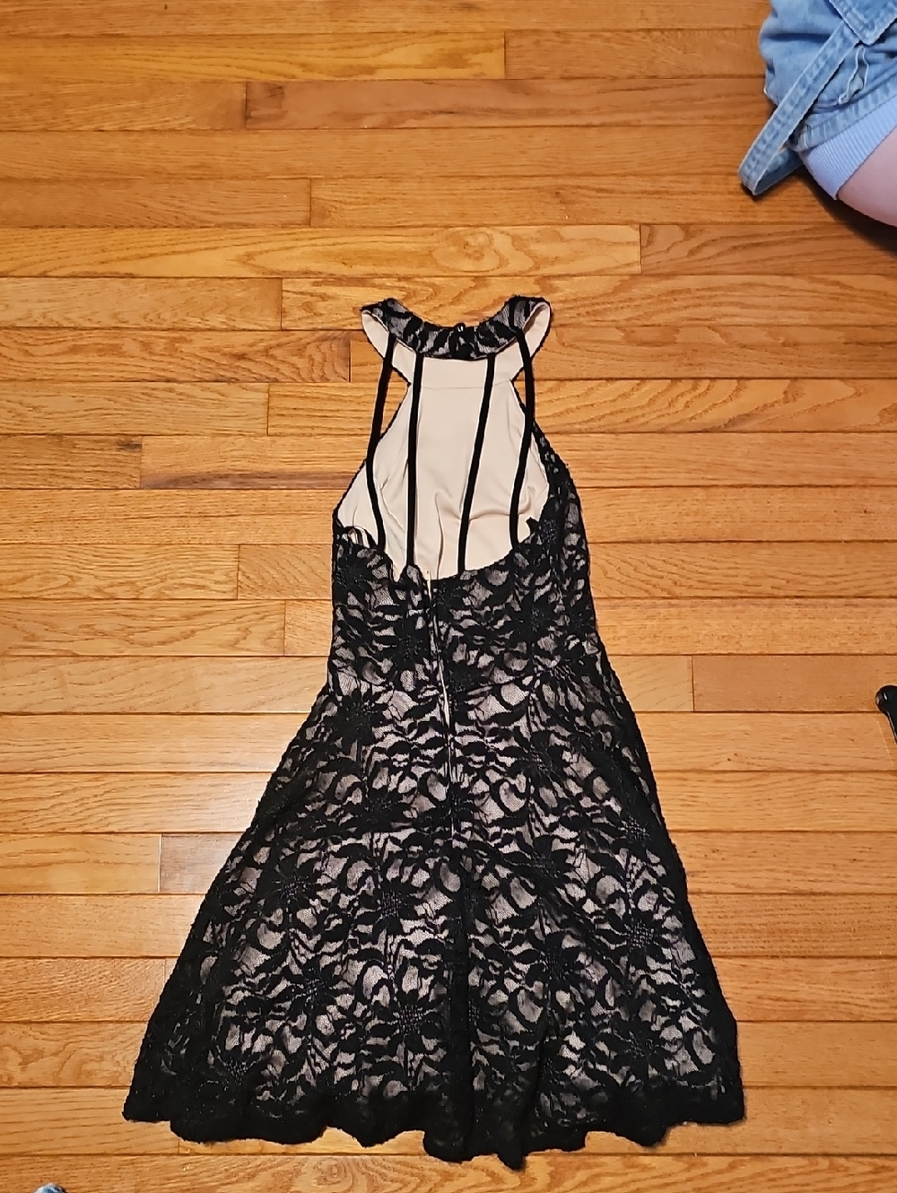 Nude-Lined Black Lace Backless Halter Dress